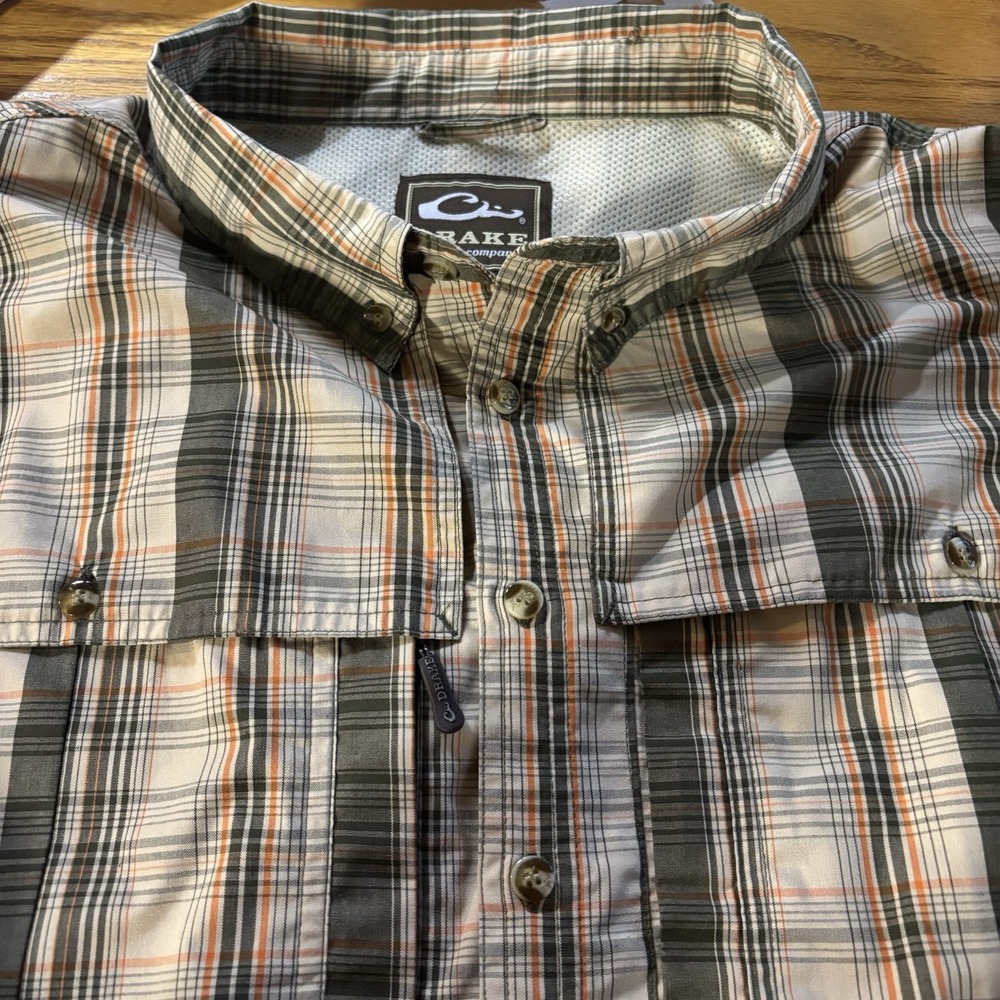 Drake Big Men's 3X Long Sleeve Button Down Tan, Green,‎ Orange Plaid Shirt Mesh